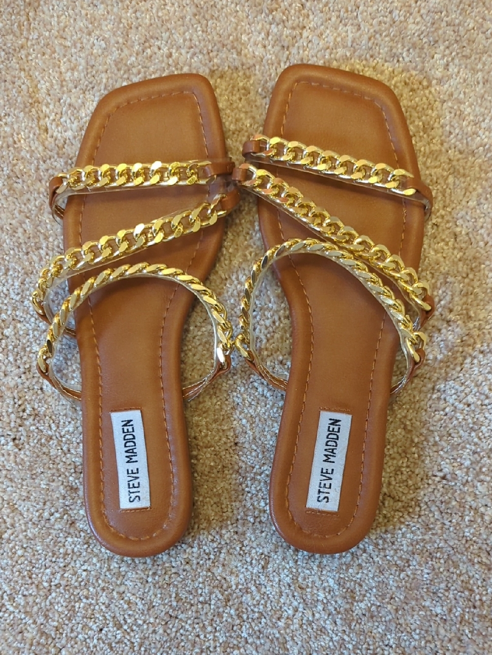 Steve Madden Brown Slide Sandals with Gold Chain Straps Size 9M